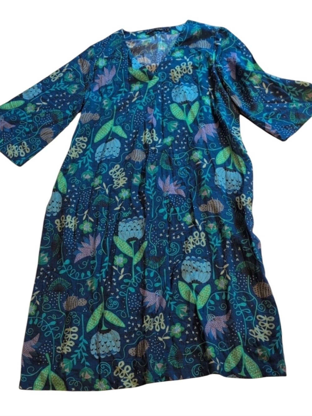 Gudrun Sjoden Tunic Dress Lagenlook Blue Green Floral Birds Pattern Cotton M